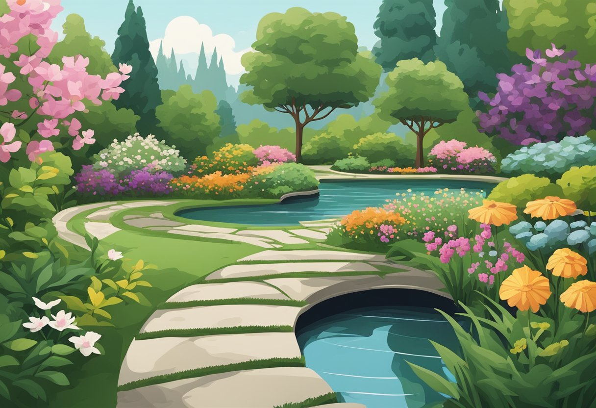 A peaceful garden with a winding path, blooming flowers, and a tranquil pond surrounded by lush greenery