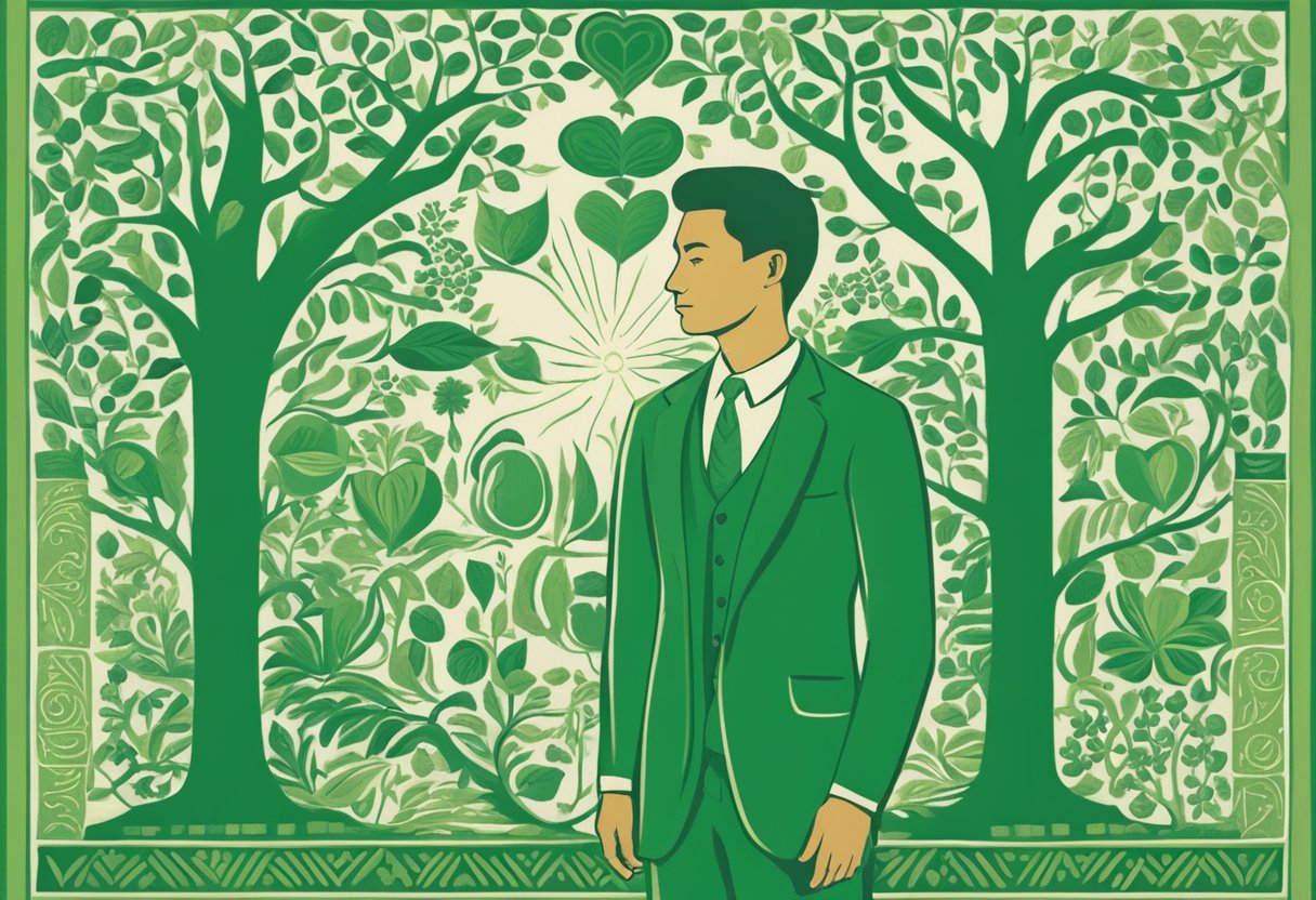 A man standing confidently, surrounded by symbols of health and vitality, such as a heart, a green leaf, and a strong tree