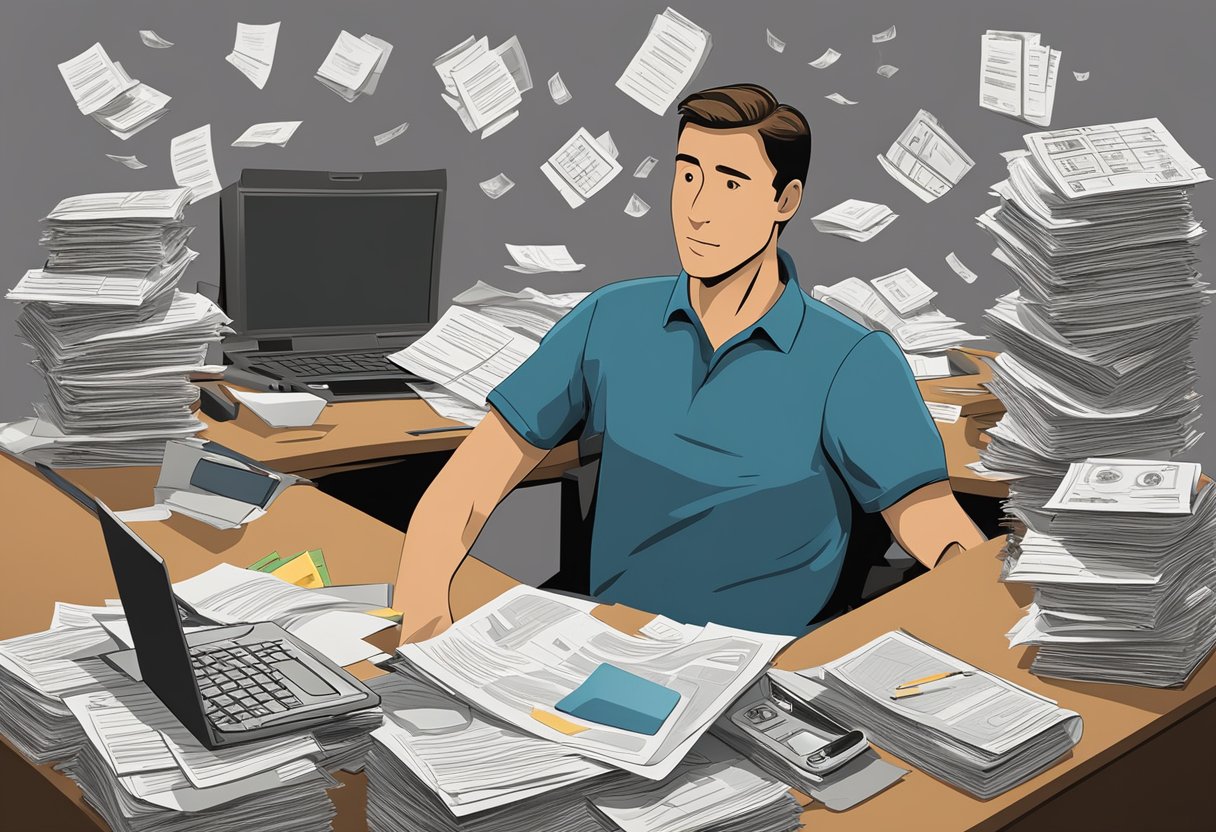 A man reviewing medical bills and insurance paperwork at a cluttered desk, with a laptop and calculator. A stack of papers and folders surround him