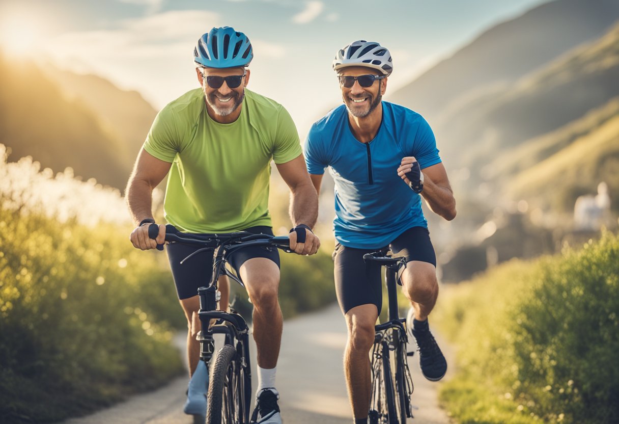 A male cancer survivor is seen engaging in physical activity, such as jogging or cycling, to break bad habits and promote a healthy lifestyle