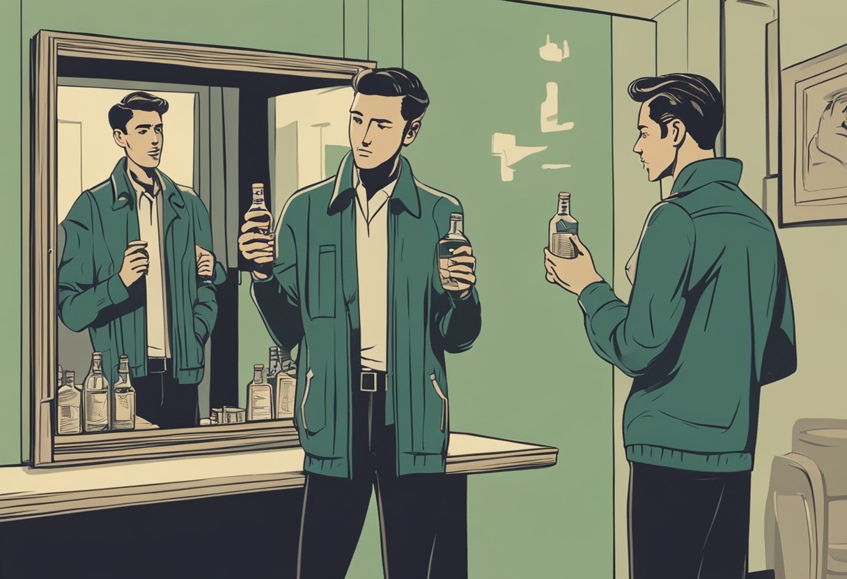 A man standing in front of a mirror, frowning at his reflection while holding a pack of cigarettes in one hand and a bottle of alcohol in the other