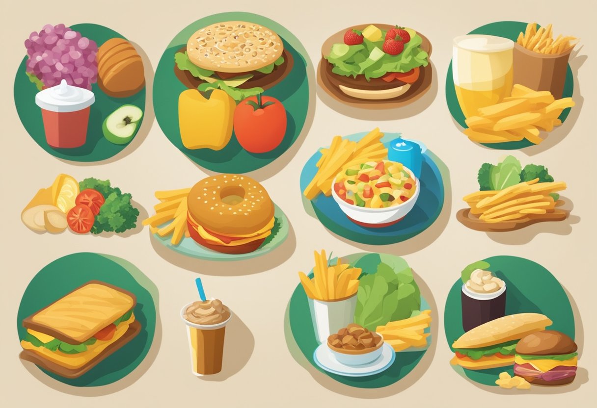 A table with unhealthy food items on one side and healthy food items on the other, with a spotlight shining on the healthy options
