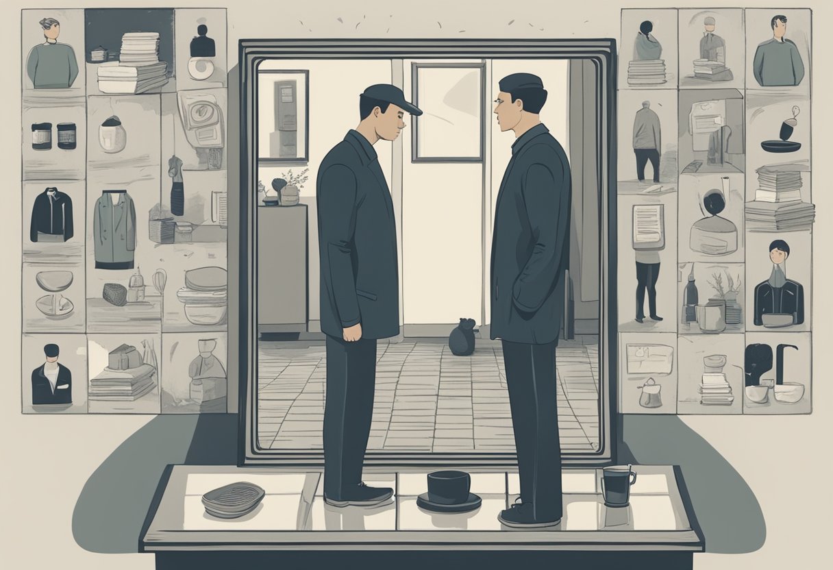 A man standing in front of a mirror, looking at his reflection with a determined expression, surrounded by images of unhealthy habits being replaced with healthier ones