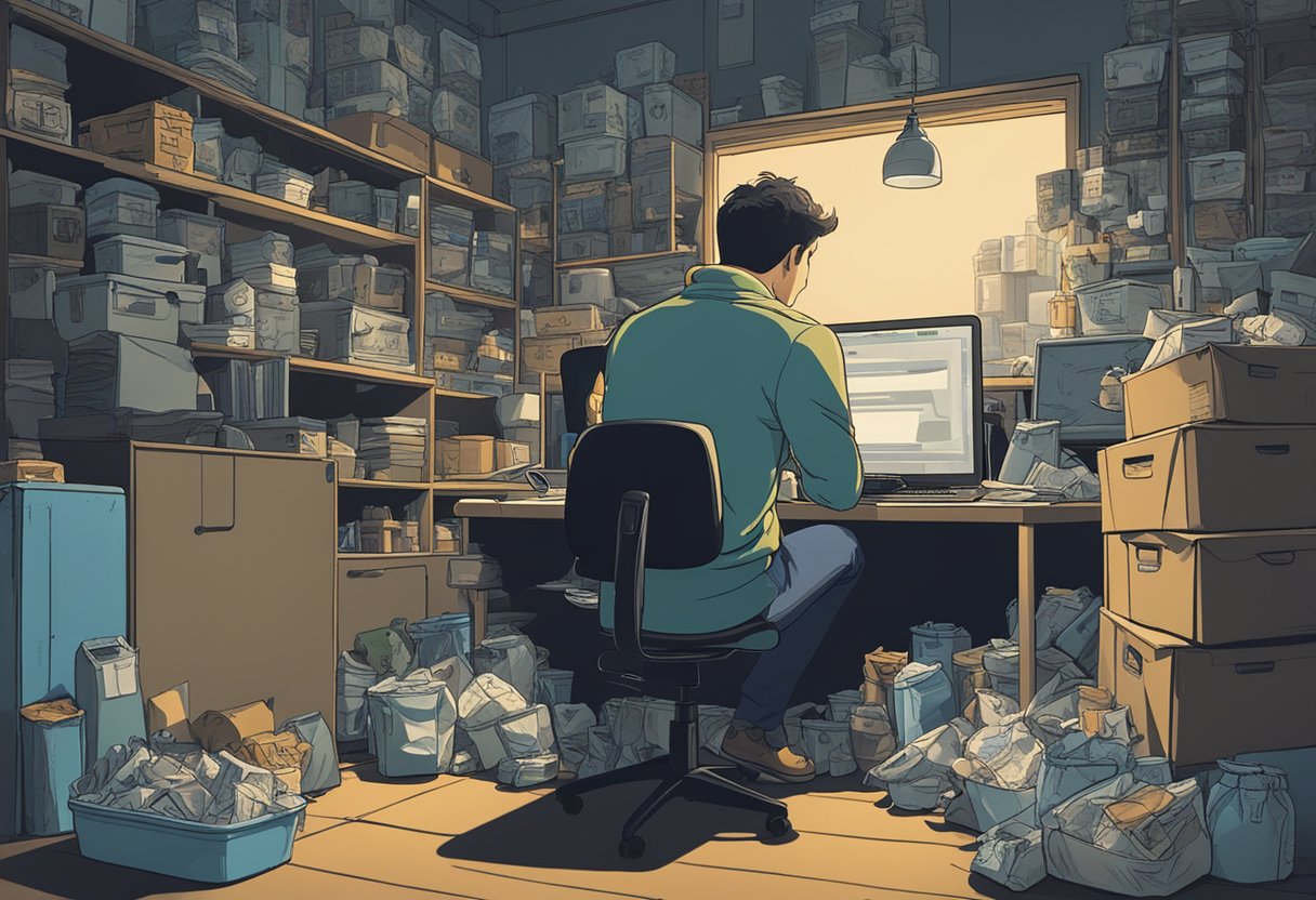 A man sitting in a dimly lit room, surrounded by clutter. He is hunched over, staring at a screen, with empty takeout containers and a neglected exercise bike nearby