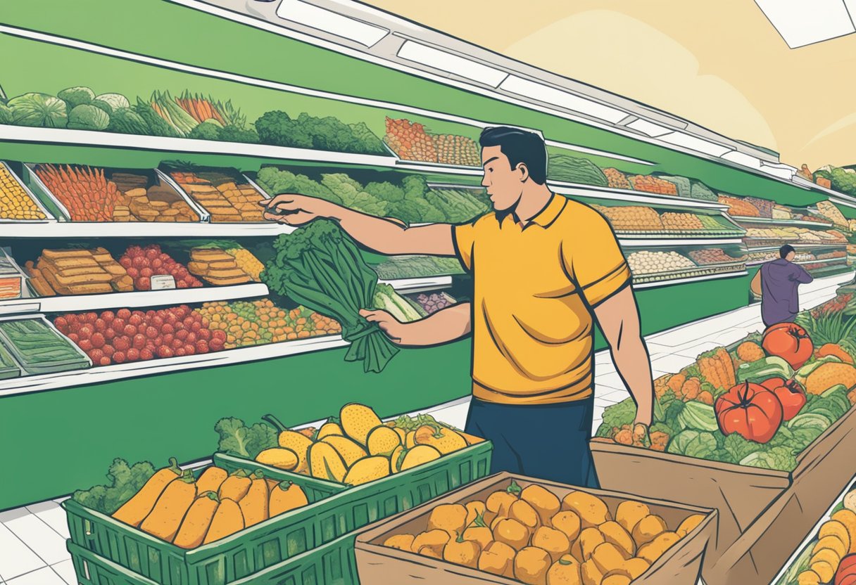 A man tossing out junk food while stocking up on fresh produce at the grocery store