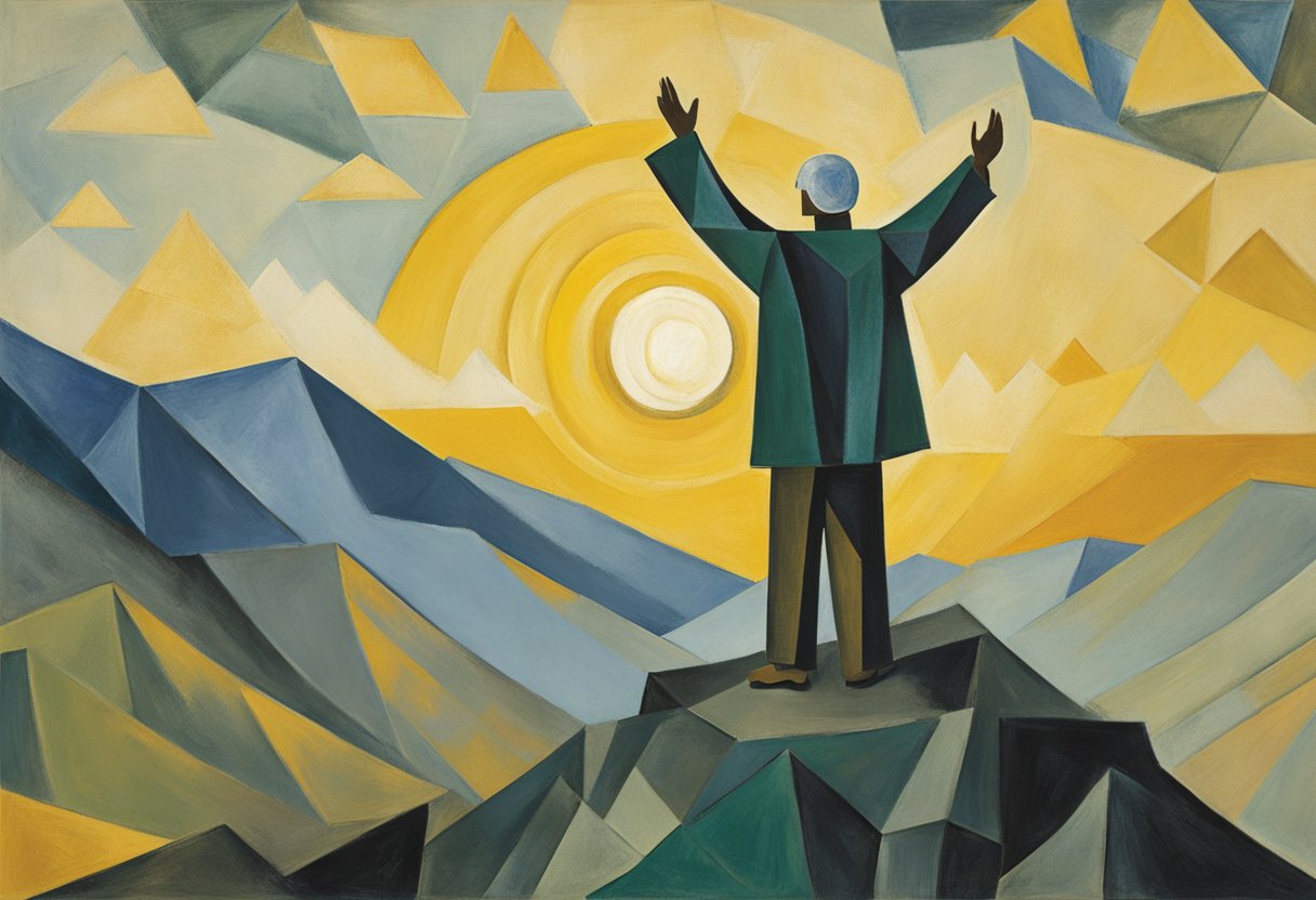 A man stands on a mountaintop, facing the sunrise. His arms are raised in triumph, symbolizing hope and victory over cancer