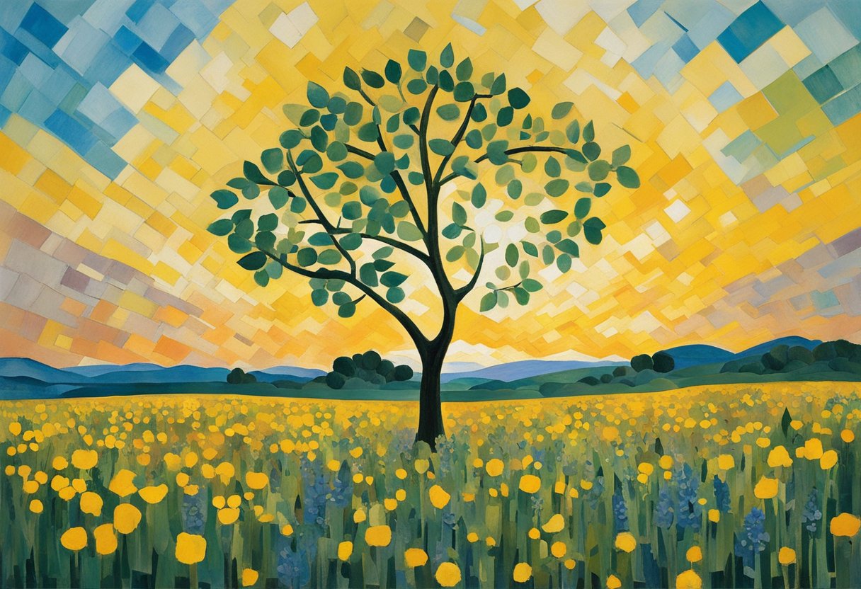 A lone tree stands tall amidst a field of wildflowers, symbolizing resilience and hope. Sunrise casts a warm glow on the landscape