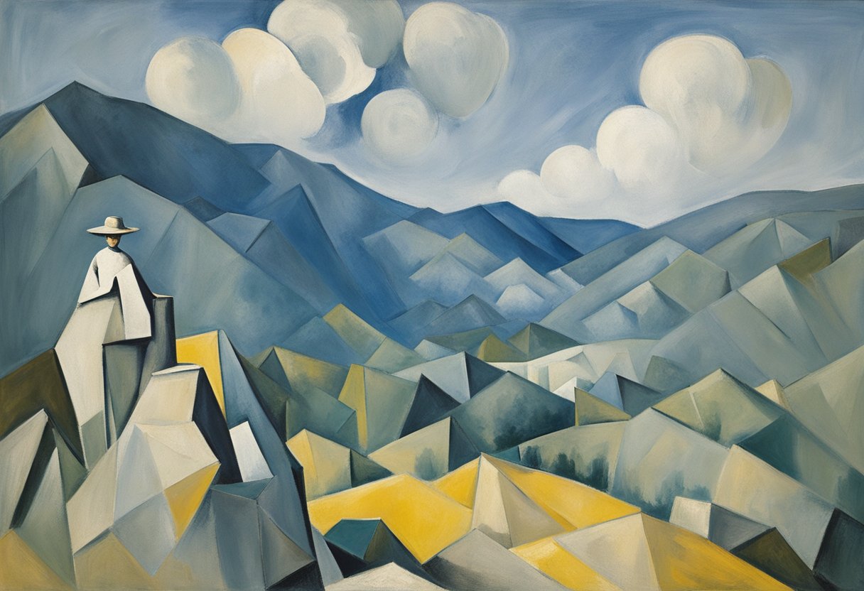 A lone figure stands atop a mountain peak, gazing out at the vast, serene landscape below, filled with a sense of renewal and strength