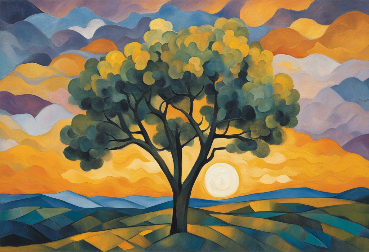 A lone tree stands tall and resilient against a fiery sunset, symbolizing the strength and determination of a male cancer warrior