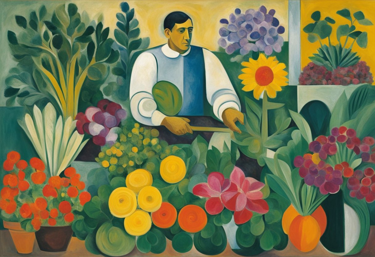 A man gardening, surrounded by vibrant flowers and vegetables, symbolizing growth and renewal after cancer