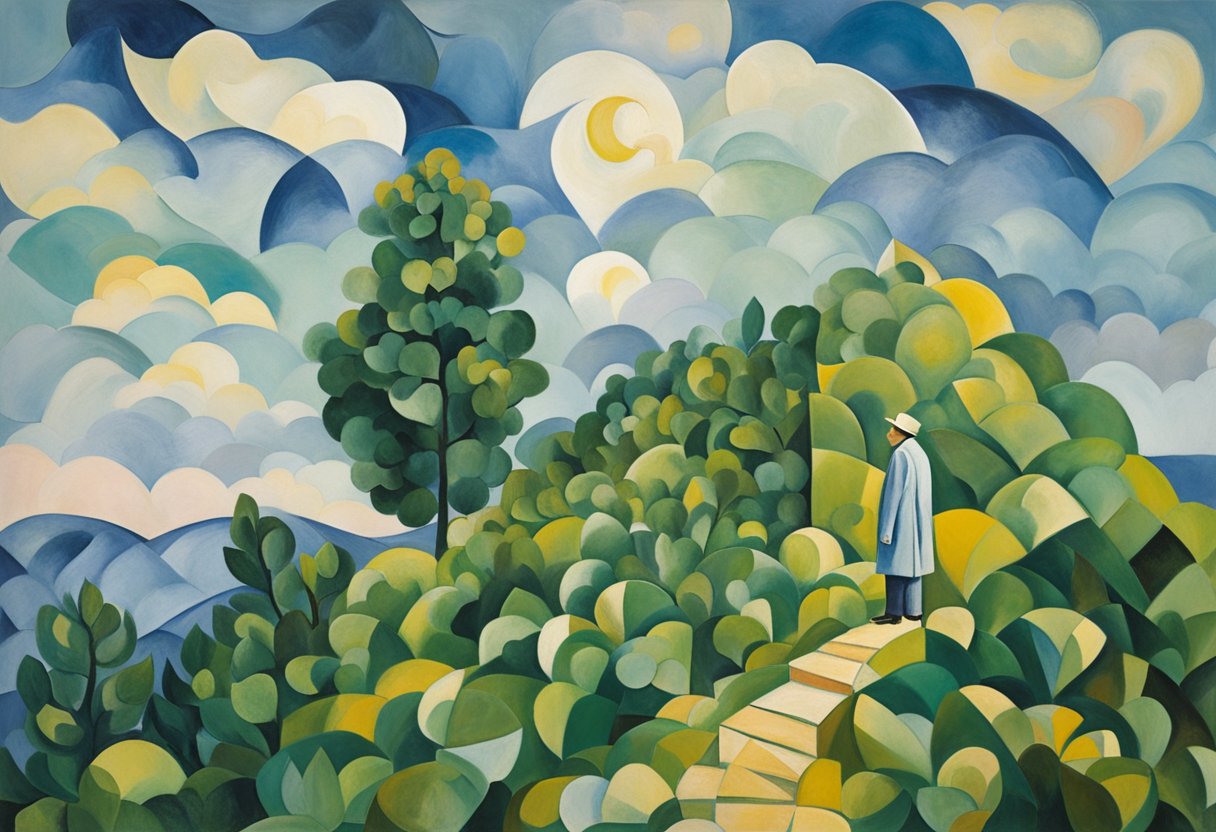 A man stands on a mountain peak, surrounded by lush greenery and a bright, hopeful sky, symbolizing his emotional rebuilding post-cancer