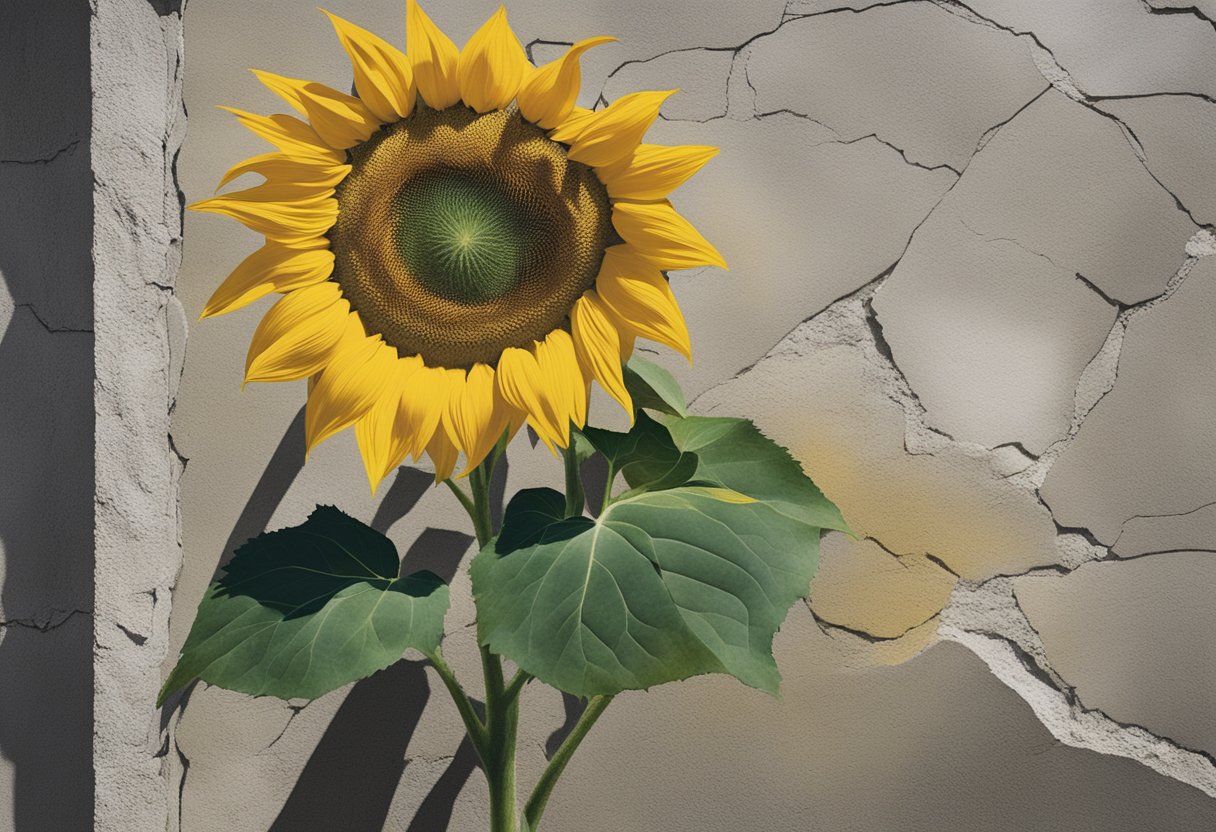 A bright sunflower blooming from a crack in a concrete wall, symbolizing resilience and hope in the face of cancer