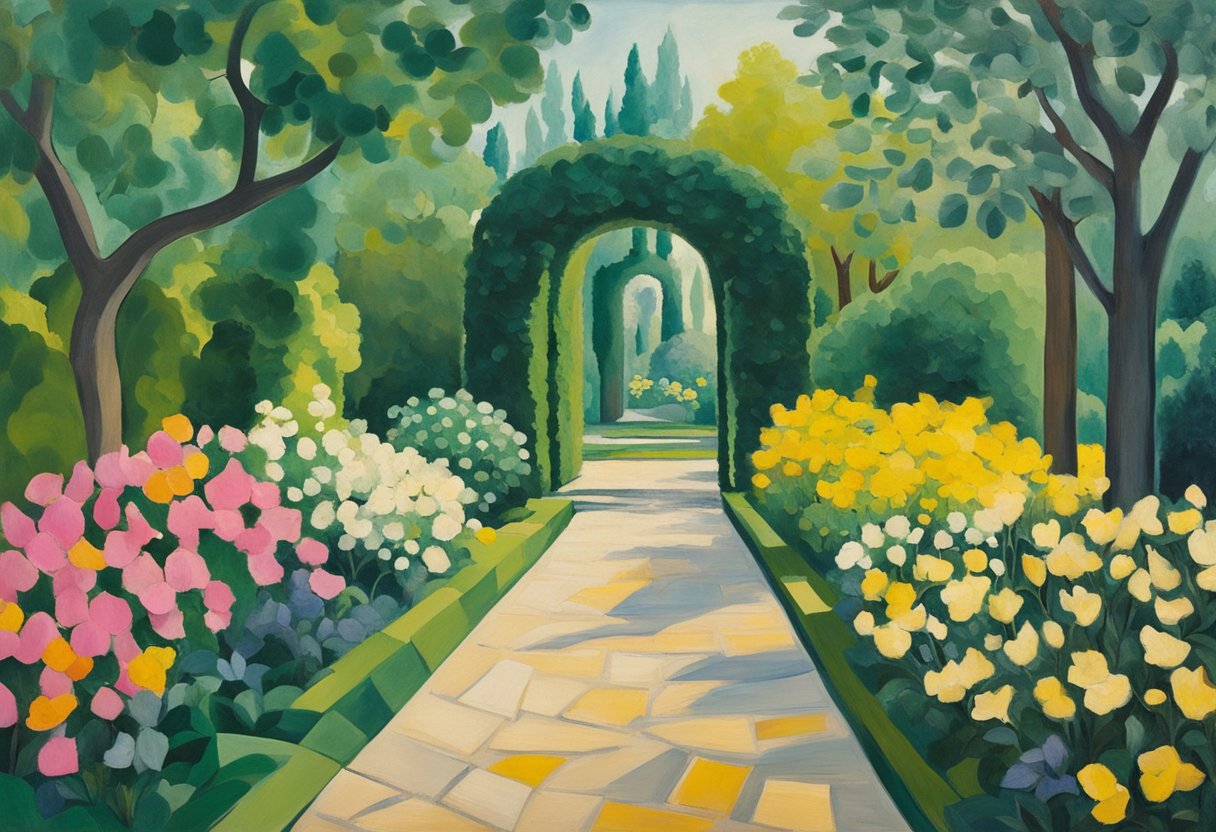 A serene path winds through a lush garden, with vibrant flowers and trees, symbolizing the journey to reclaim joy after overcoming cancer