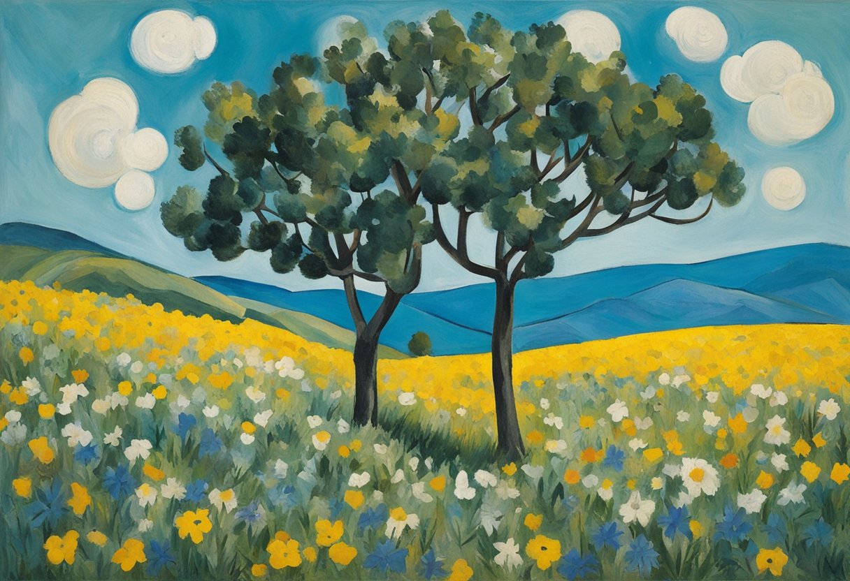 A lone tree stands resilient in a field, surrounded by vibrant wildflowers and a clear blue sky, symbolizing renewal and strength