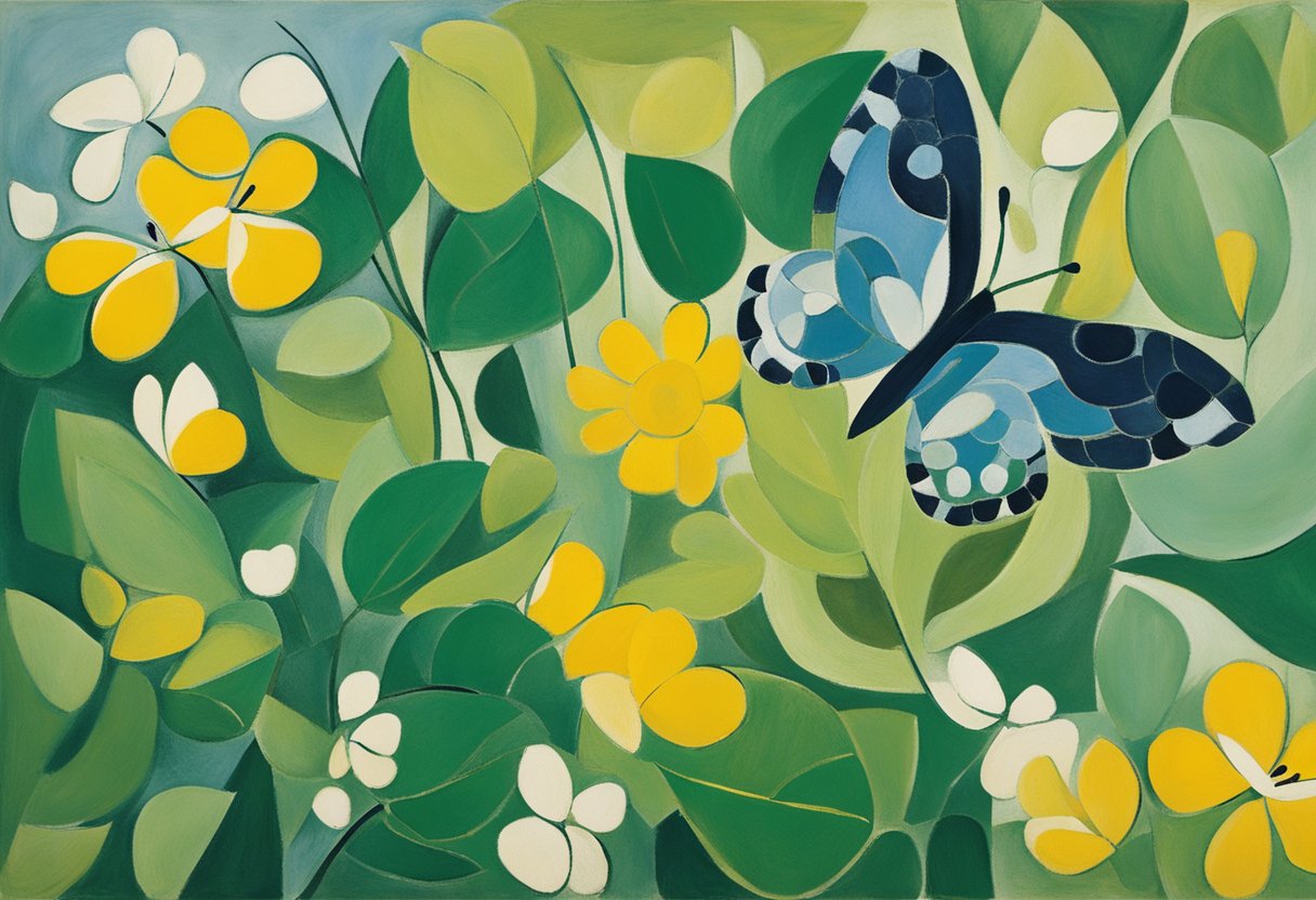 A serene garden with blooming flowers and a butterfly resting on a vibrant green leaf