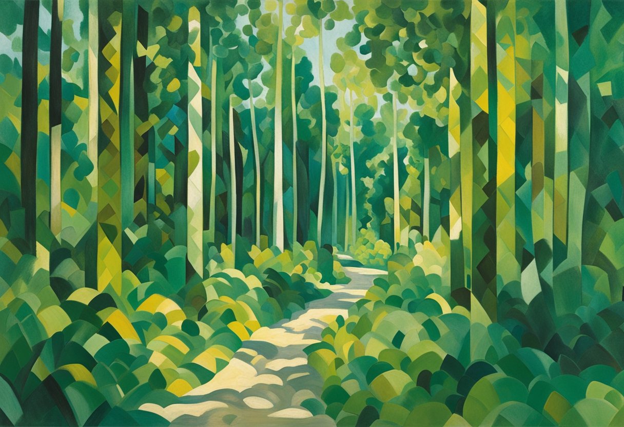 A vibrant green forest with sunlight streaming through the trees, casting dappled shadows on a winding path leading towards a glowing, revitalizing oasis