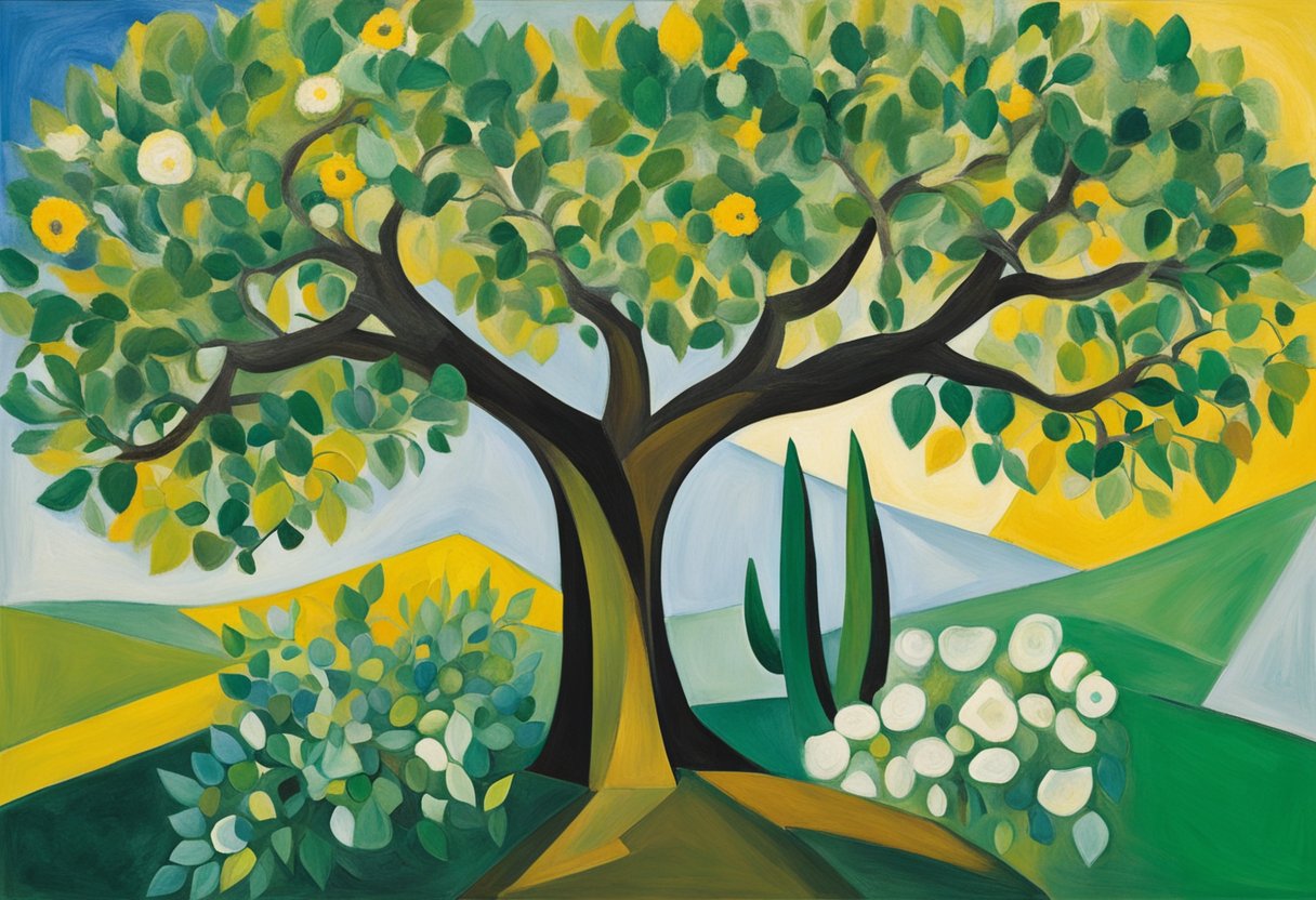 A vibrant green tree with new growth sprouting from its branches, surrounded by colorful flowers in full bloom, symbolizing renewal and resilience