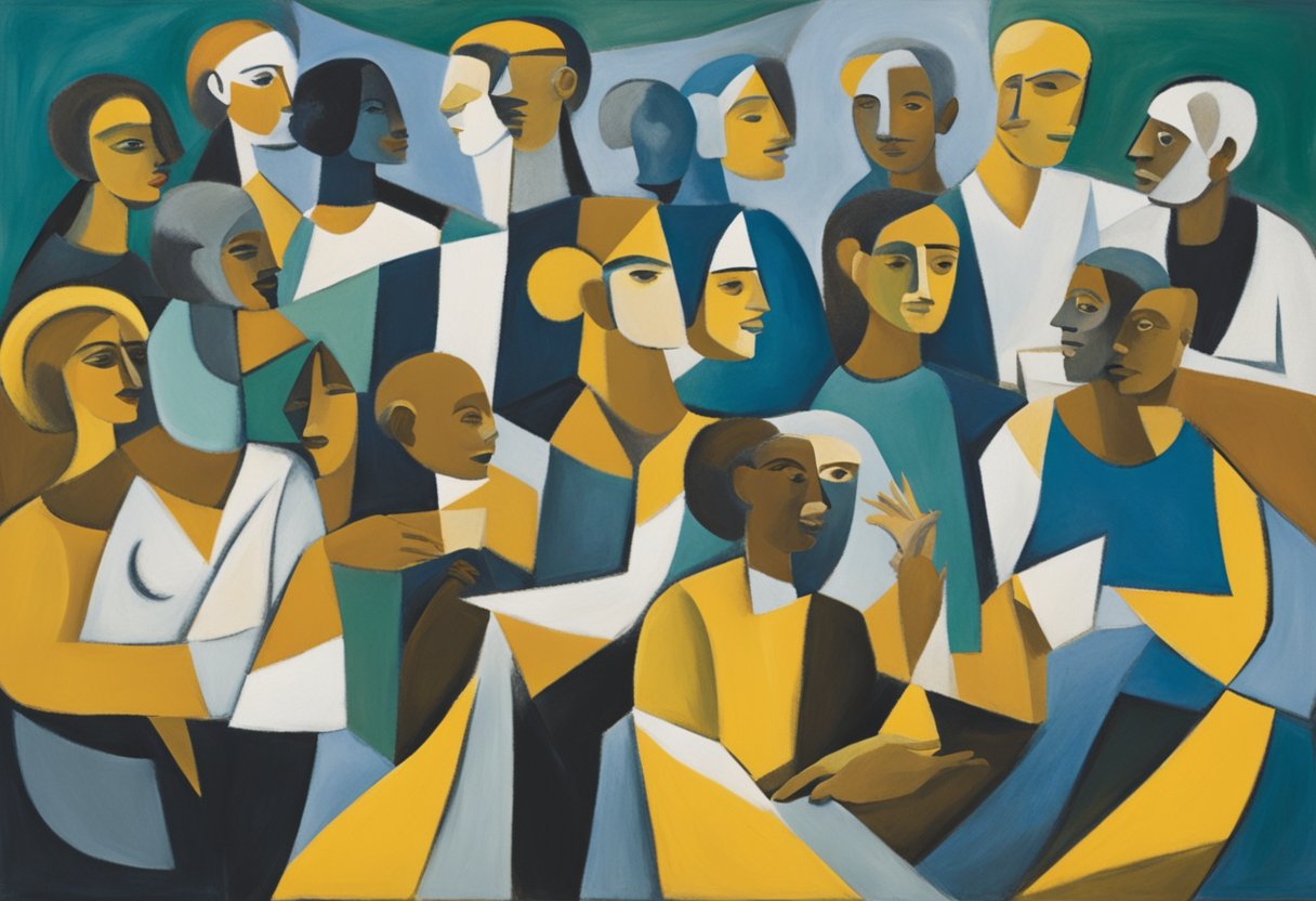 A group of diverse individuals gather in a circle, sharing stories and offering support to a male cancer thriver. The atmosphere is warm and inclusive, with a sense of connection and understanding