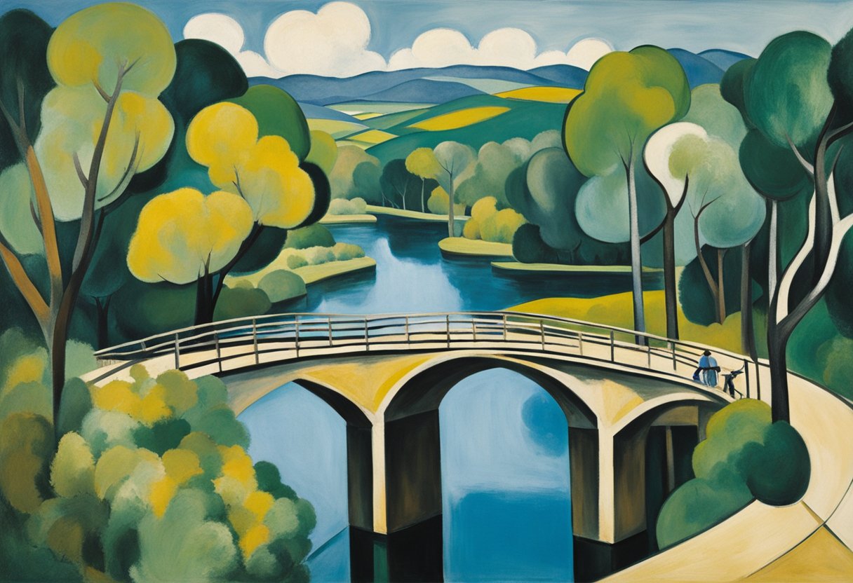 A serene landscape with a winding river, lush greenery, and a clear blue sky. A lone figure stands on a bridge, gazing out at the horizon with a sense of hope and renewal