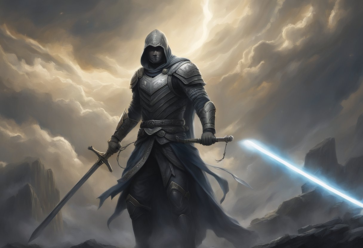 A lone figure stands tall, surrounded by symbols of hope and strength. A beam of light breaks through the darkness, illuminating the warrior's determined expression