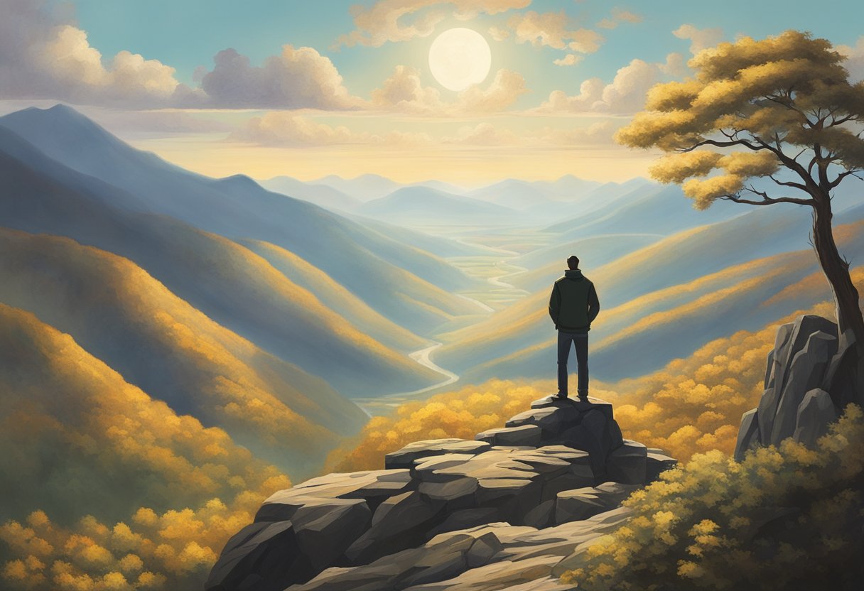 A lone figure stands atop a mountain, gazing out over a vast, sunlit valley, symbolizing triumph over cancer despair