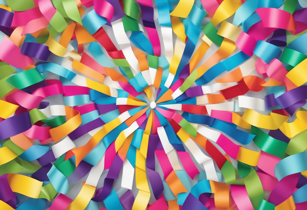 A collection of colorful ribbons representing various cancer types, arranged in a circular pattern with the 1000th post symbol in the center