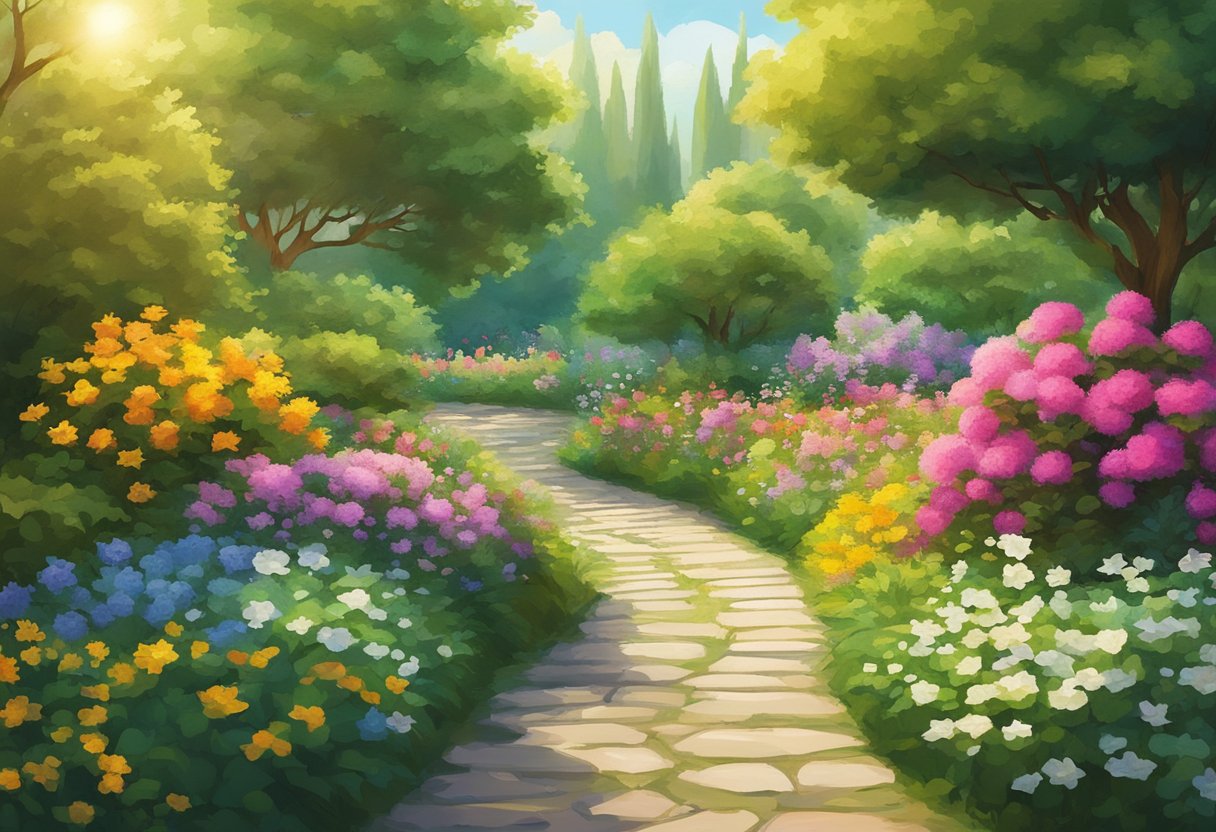 A vibrant garden with a winding path leading to a peaceful, sunlit clearing surrounded by lush greenery and blooming flowers