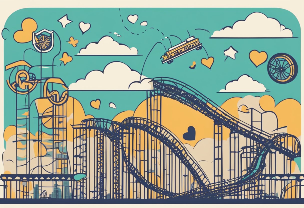 A roller coaster rising and falling, surrounded by supportive symbols like ribbons and hearts