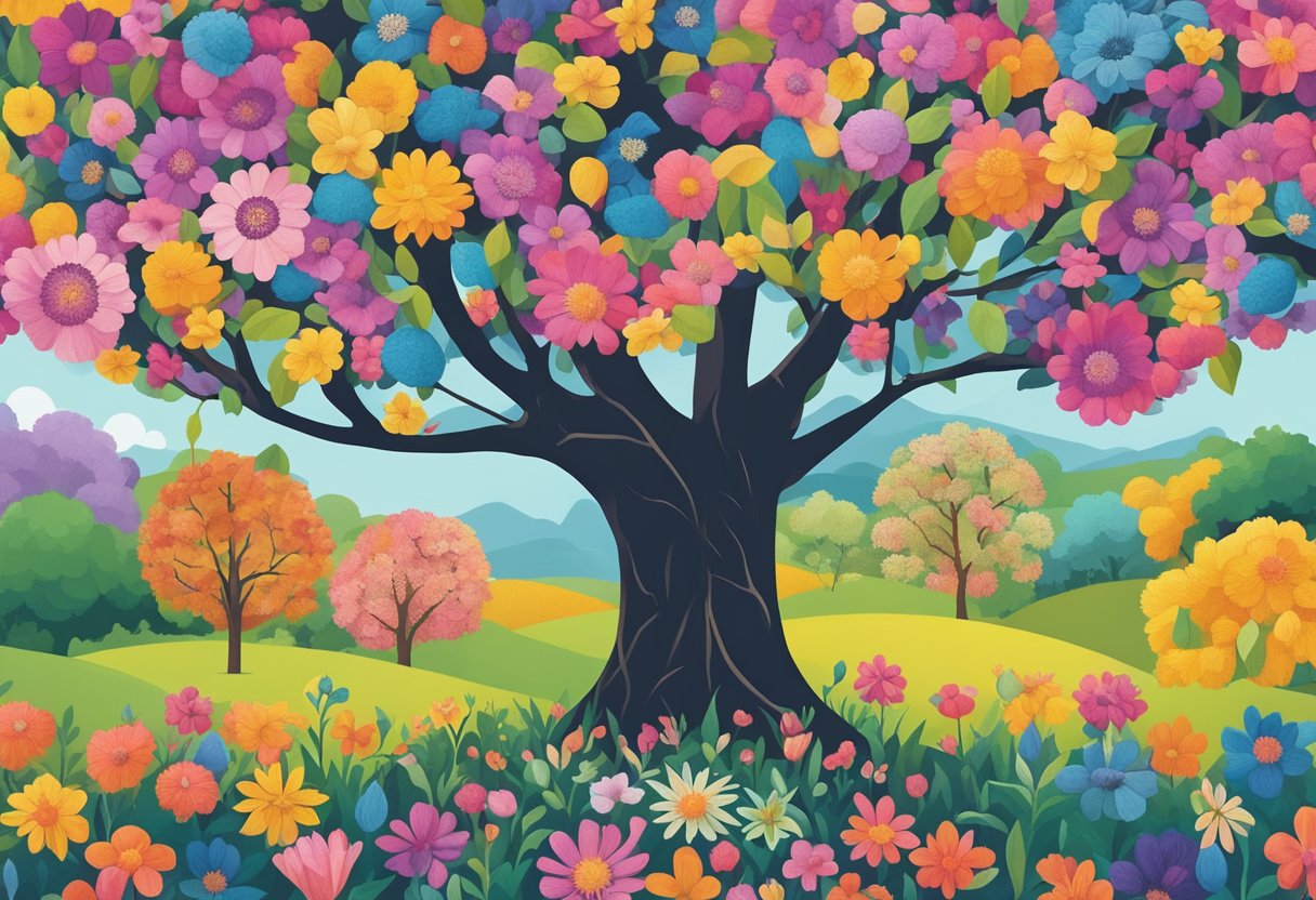 A vibrant garden with a strong, blooming tree surrounded by colorful flowers, symbolizing resilience and growth after overcoming adversity