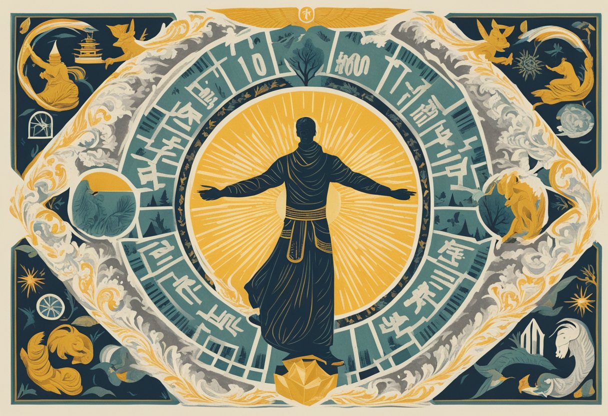 A triumphant figure surrounded by symbols of strength and resilience, with a prominent "1000" motif