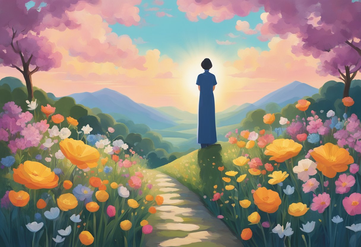 A serene garden with vibrant flowers blooming, symbolizing renewal and hope. A figure standing tall, looking towards the horizon with determination