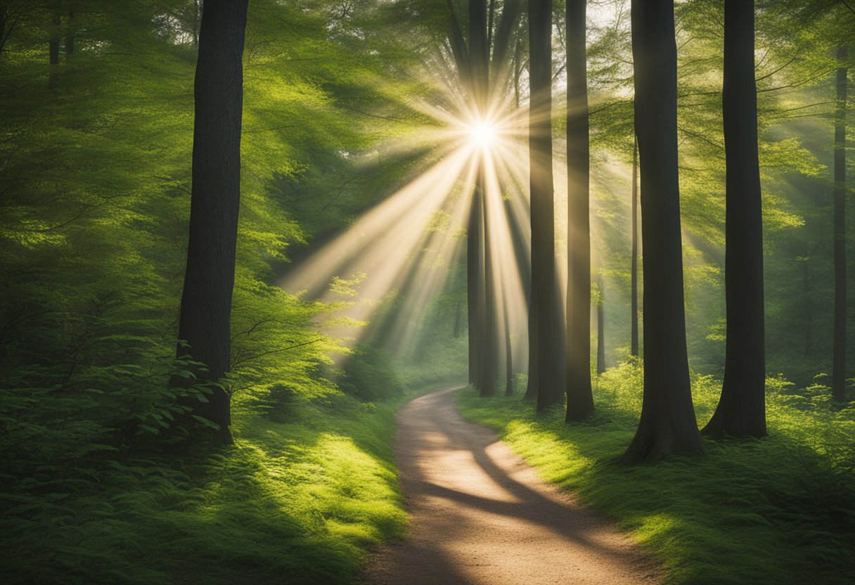 A serene forest path with sunlight streaming through the trees, symbolizing renewal and hope for a male cancer survivor