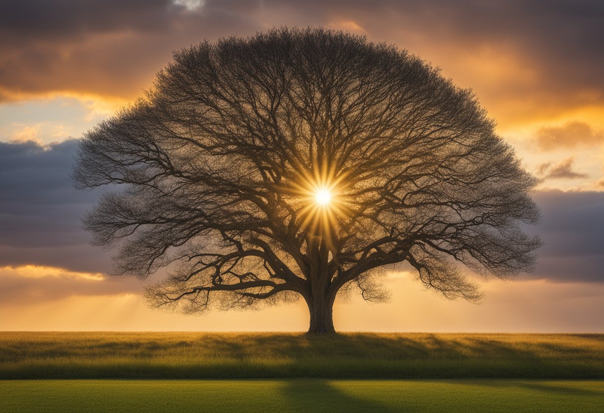 A lone tree in a field, its branches reaching towards the sky, symbolizing strength and renewal. The sun sets in the background, casting a warm glow over the landscape