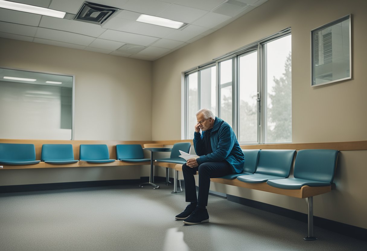 A man sits alone in a hospital waiting room, fidgeting with a pen as he stares out the window. His tense posture and furrowed brow convey the weight of managing anxiety as a male cancer patient
