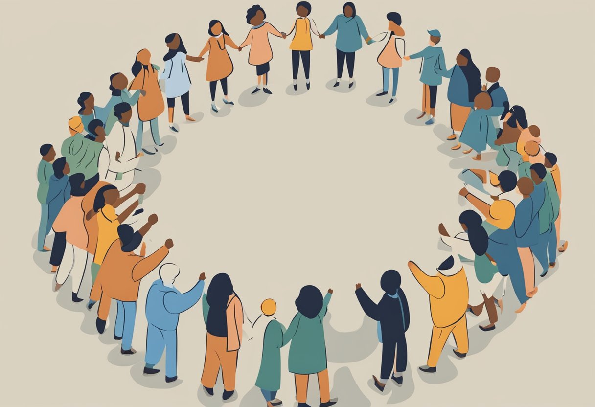 A diverse group of figures standing together, holding each other up and offering support in a circle
