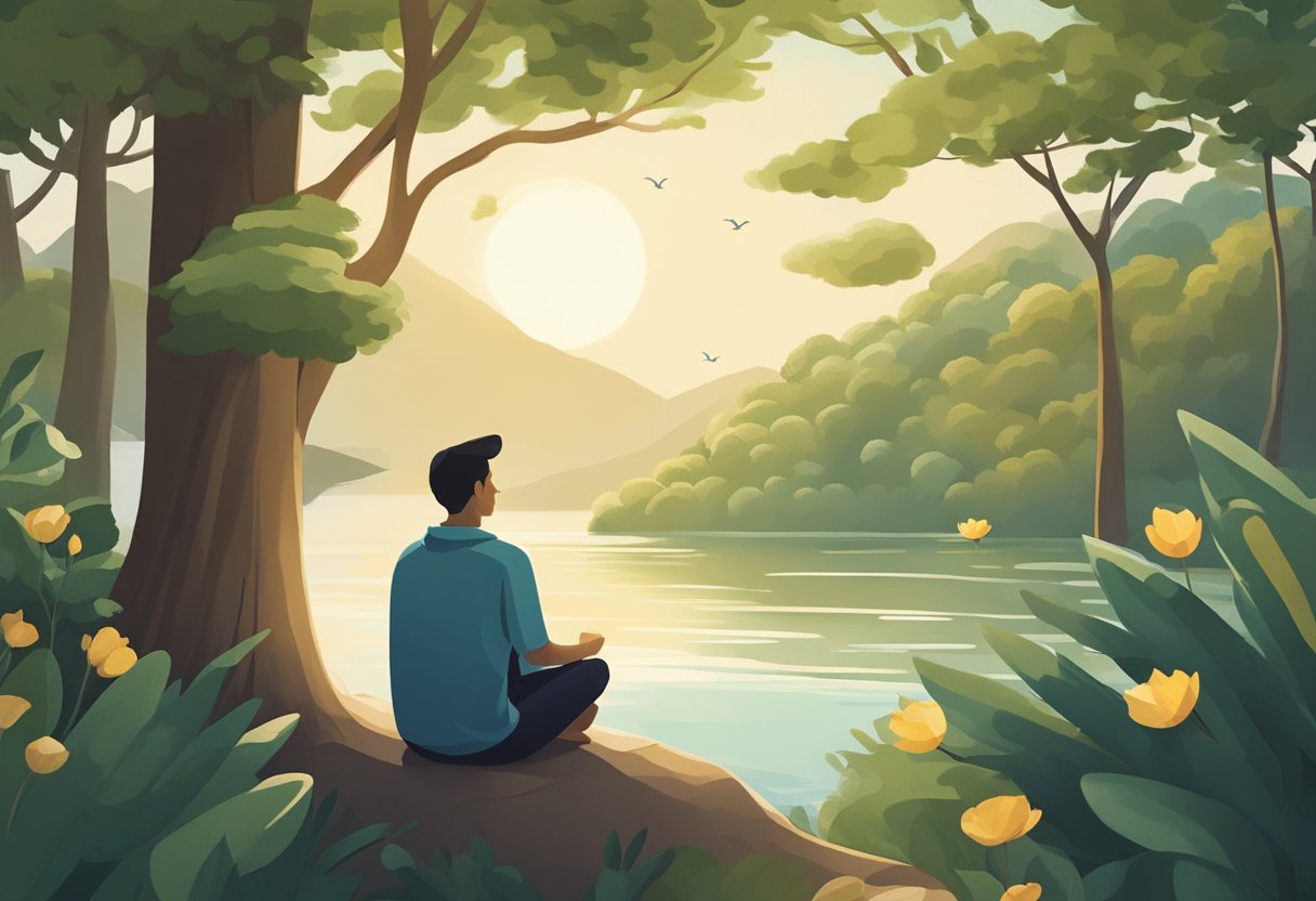 A person sitting in a peaceful, natural setting, surrounded by calming elements such as gentle waves, a soothing breeze, and soft sunlight filtering through the trees