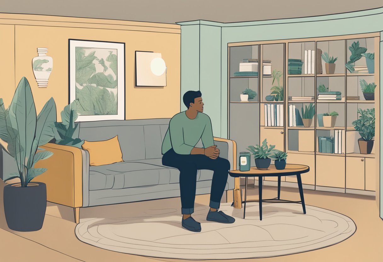 A male figure sits in a therapist's office, surrounded by calming decor. The therapist offers support as the man discusses his cancer journey and anxiety