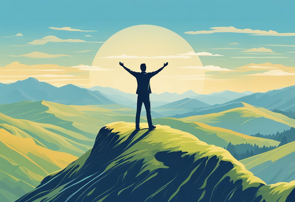 A lone figure standing on a mountain peak, arms raised in triumph, surrounded by a serene landscape of rolling hills and a clear blue sky