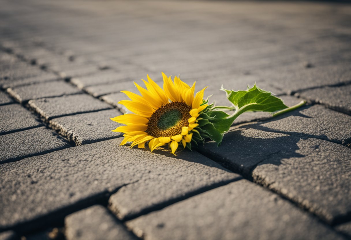 A vibrant sunflower breaking through a crack in the pavement, symbolizing resilience and strength