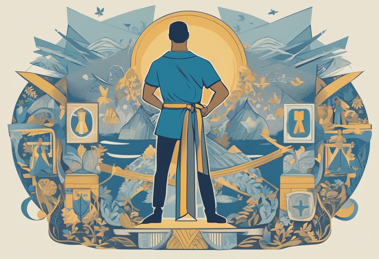 A man stands confidently, surrounded by symbols of strength and resilience. A ribbon representing male cancer survivorship is prominent in the scene