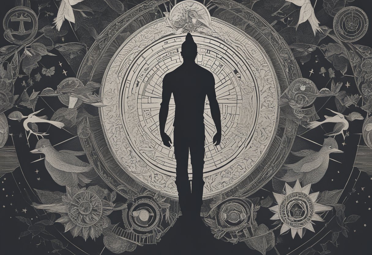 A male figure standing tall, surrounded by symbols of strength and resilience, with a sense of empowerment and hope radiating from his presence