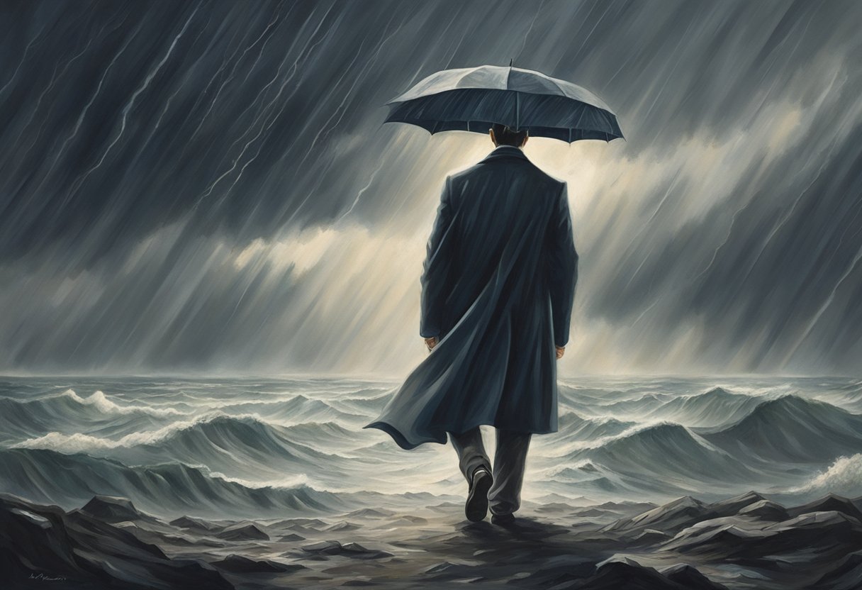 A man stands amidst a storm, his feet planted firmly on the ground as he faces the turbulent winds with unwavering strength and determination