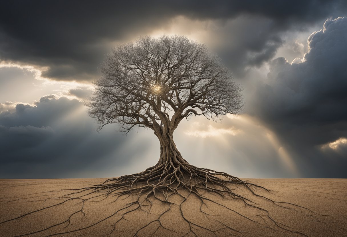 A lone tree stands tall in a barren landscape, its roots intertwined with others. The sun shines through storm clouds, symbolizing resilience and hope