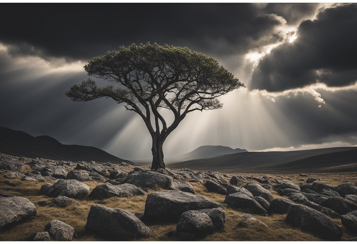 A lone tree standing tall amidst a rocky landscape, with dark storm clouds in the sky but a ray of sunlight breaking through