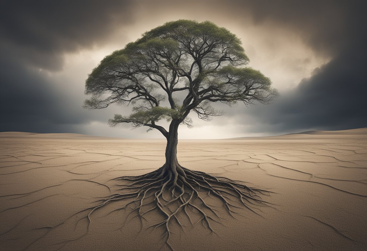 A lone tree standing tall in a barren landscape, its roots reaching deep into the earth as it withstands the harsh elements