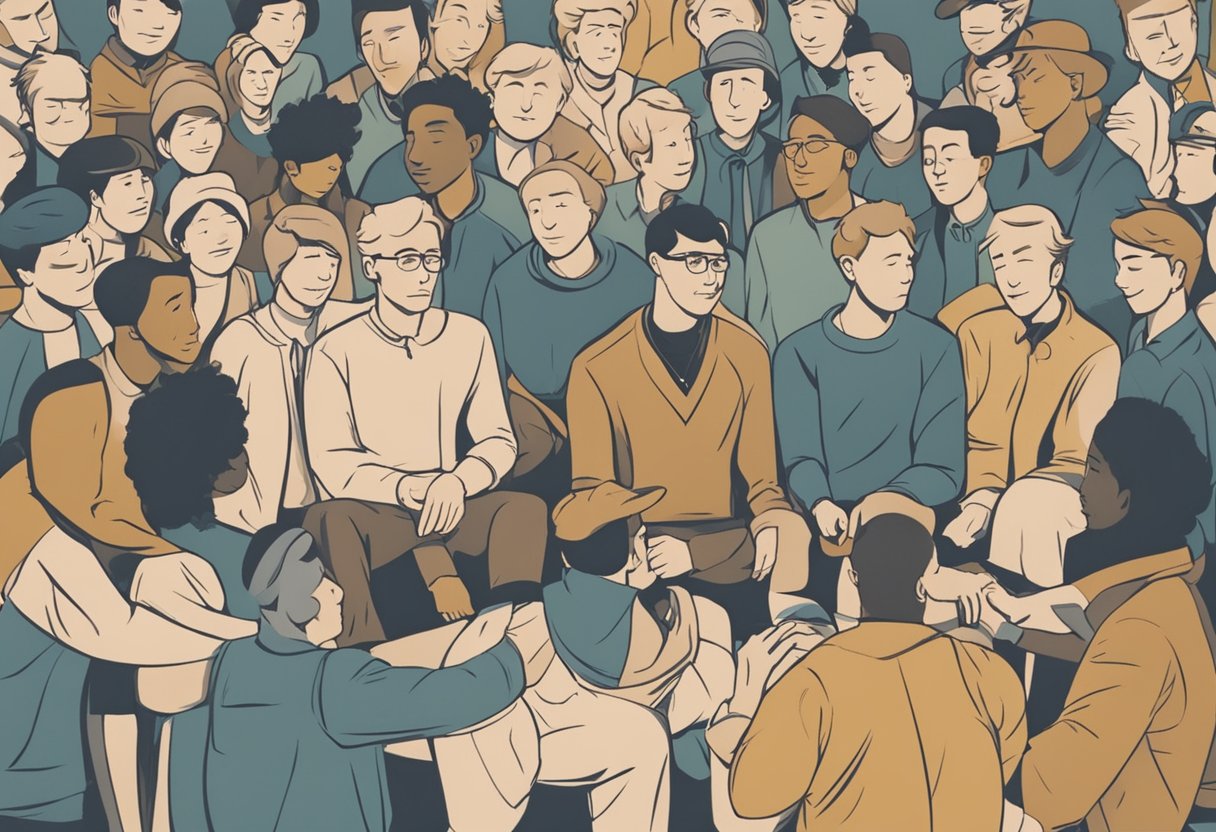 A male figure sits in a circle of supportive friends, their body language and facial expressions conveying empathy and understanding