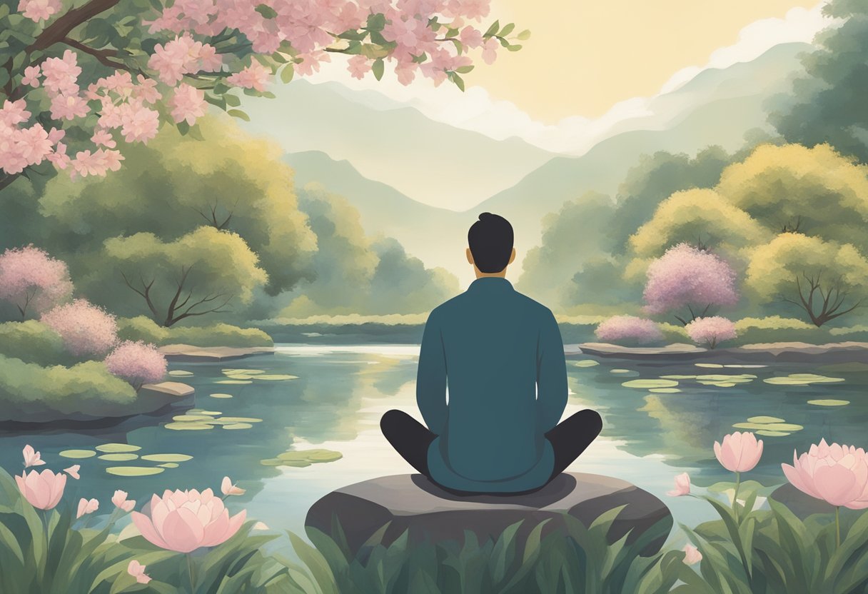 A male figure sits in a peaceful garden, surrounded by blooming flowers and a serene pond. He practices deep breathing and meditation, with a sense of calm and tranquility emanating from his posture