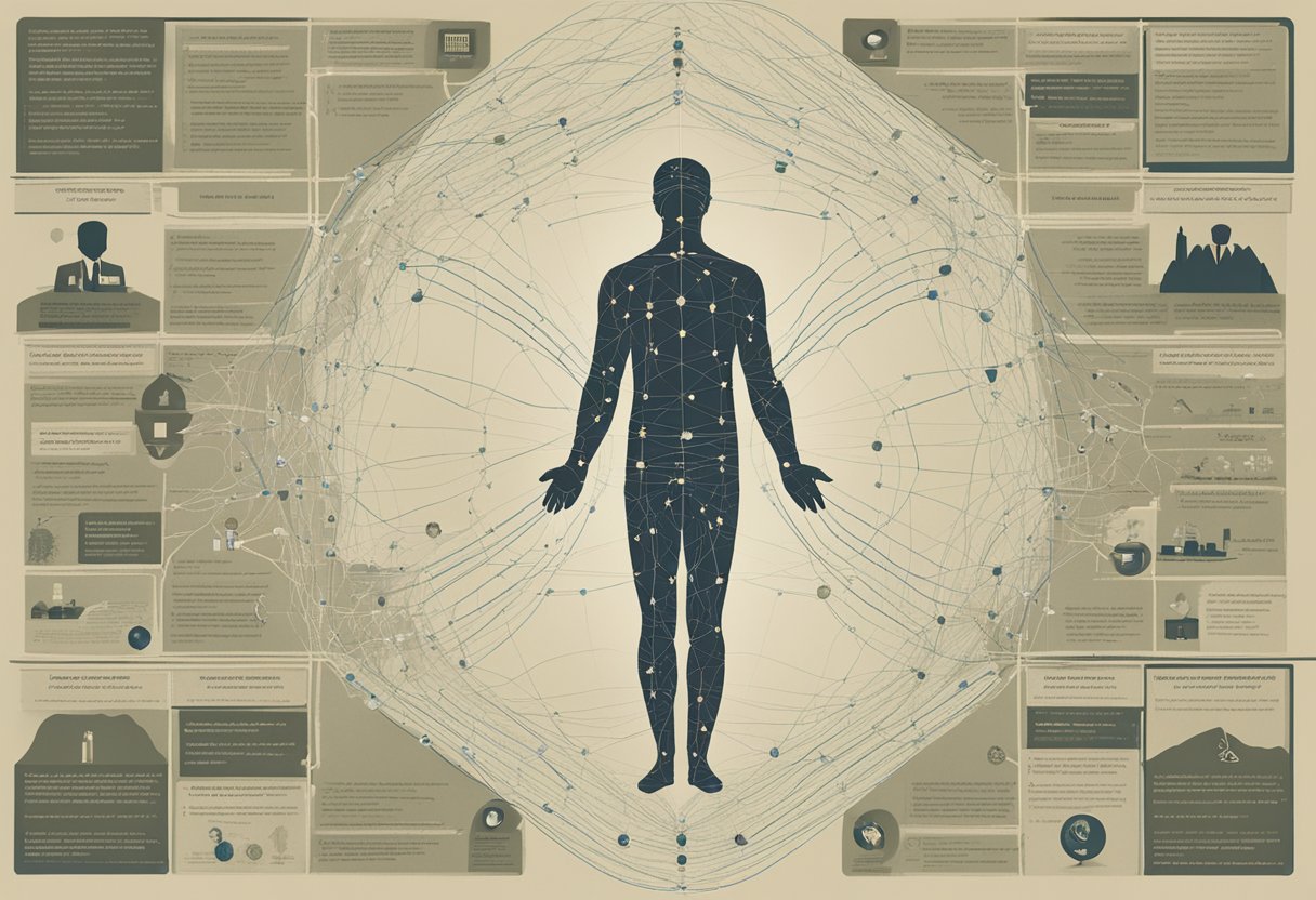 A male figure stands amidst a network of interconnected pathways, surrounded by various treatment options and support resources
