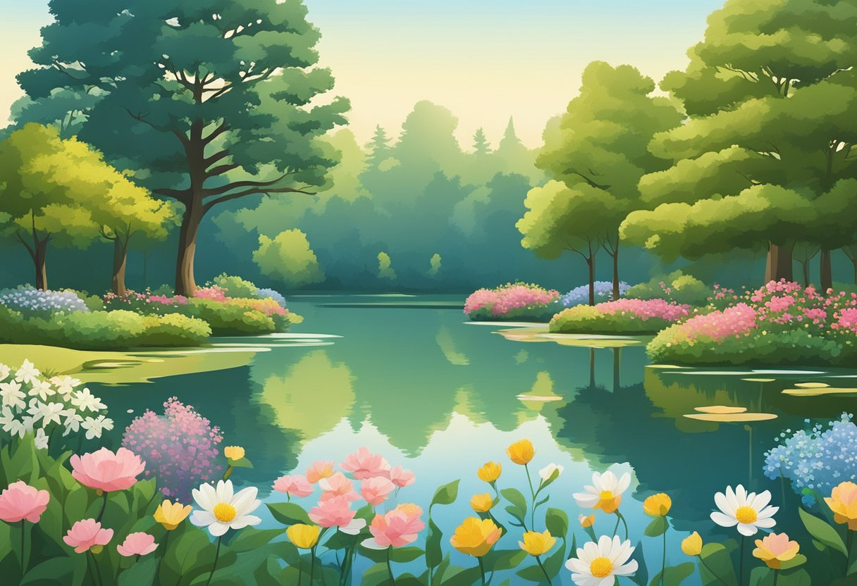 A serene garden with blooming flowers and a peaceful pond, surrounded by tall trees and a clear blue sky