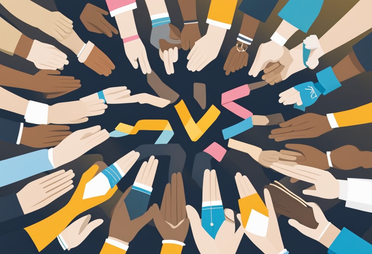 A group of diverse people gather in a circle, sharing stories and support. A ribbon symbolizing male cancer awareness is prominently displayed